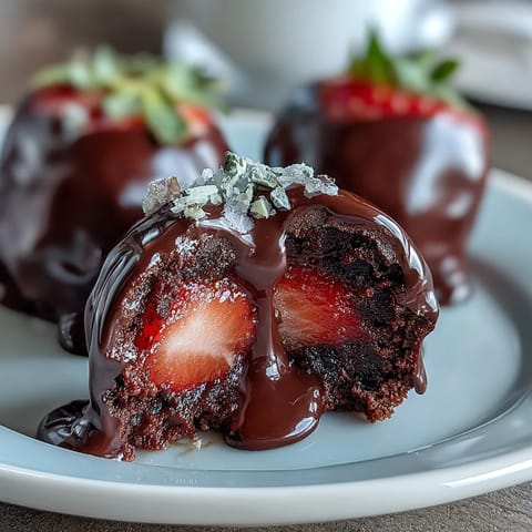 Elegant strawberry and cardamom truffles coated in glossy dark chocolate, inspired by Dubai's opulent dessert traditions and garnished with edible rose petals.