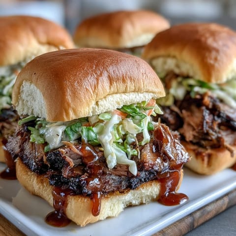 2. Tender, slow-cooked brisket piled high on slider buns, topped with crunchy slaw and rich BBQ glaze for a crowd-pleasing bite.  