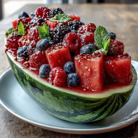 A beautifully carved watermelon boat brimming with fresh berries and mint leaves, perfect for summer parties and healthy snacking.
