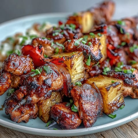 Colorful Grilled Pineapple Chicken Skewers featuring tender chicken, vibrant veggies, and tropical pineapple, a must-try for backyard gatherings.  