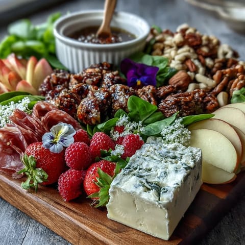 Spring Charcuterie Board with Edible Flowers and Fruits, a colorful arrangement of cured meats, cheeses, and fresh fruits garnished with vibrant edible blooms.