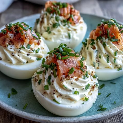 Smoked salmon deviled eggs topped with everything seasoning for a flavorful, elegant appetizer