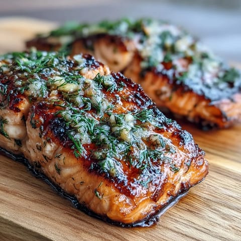 Cedar Plank Salmon with Garlic Dill, smoky and herb-infused, grilled to flaky perfection on aromatic cedar.  