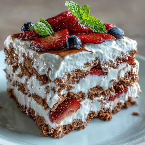 Memorial Day No-Bake Icebox Cake with strawberries, creamy, fruit layers, and graham crackers.