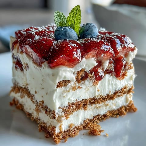 Refreshing no-bake icebox cake bursting with strawberries and fluffy whipped cream.