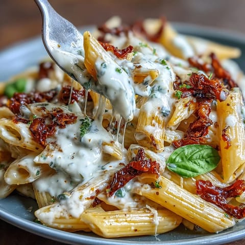 Creamy Marry Me Pasta with vibrant sun-dried tomatoes, garnished with basil.