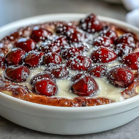 Fresh Cherry Clafoutis bursting with sweet cherries in a rich vanilla custard.