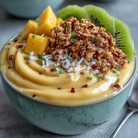 Vibrant Mango Chili Lime Smoothie Bowl topped with fresh fruit and granola.