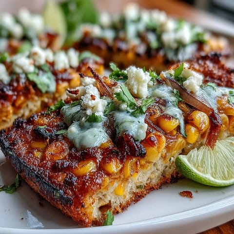 Oven-baked Cinco de Mayo Street Corn Flatbread with vibrant toppings and crema.