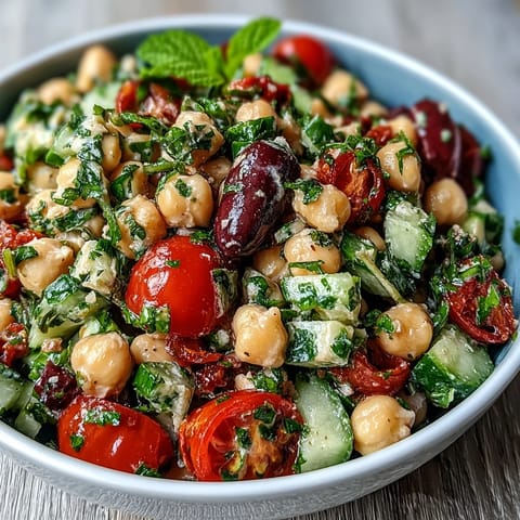 Vibrant Mediterranean Chickpea Salad with lemon, herbs, and fresh veggies.