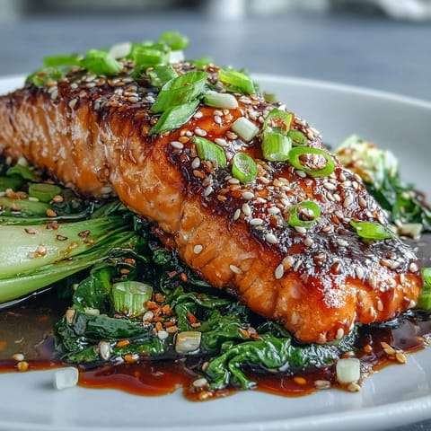 Succulent miso salmon and vibrant sesame bok choy on a plate, a healthy dinner.