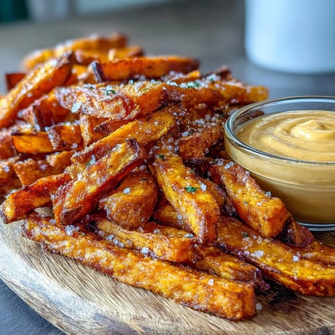 Air fryer sweet potato fries, perfectly crisp, served with creamy chipotle aioli.