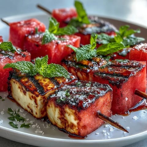 Grilled halloumi and watermelon skewers with mint, showcasing char marks and fresh greens.