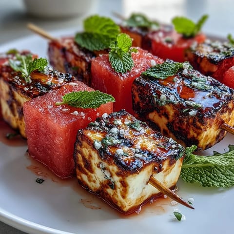 Salty halloumi and sweet, juicy watermelon skewers, grilled and sprinkled with mint.