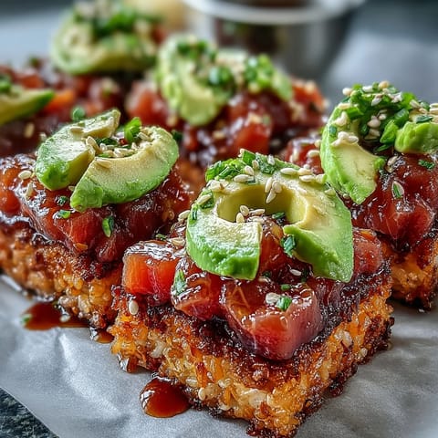 Spicy Tuna Crispy Rice Bites: golden fried rice topped with vibrant spicy tuna, avocado.
