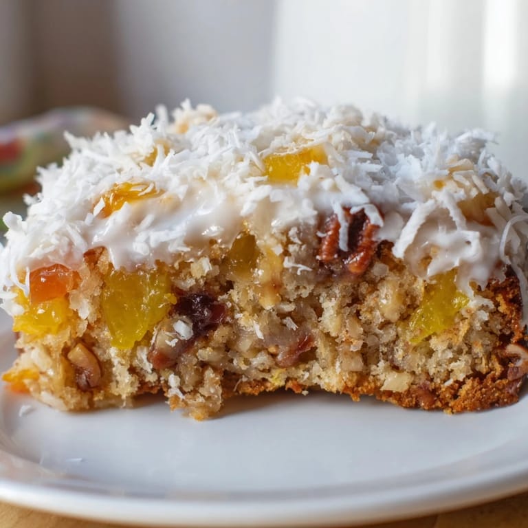 Freshly baked fruit cocktail cake, offering a burst of sweet fruit flavor with a coconut glaze.