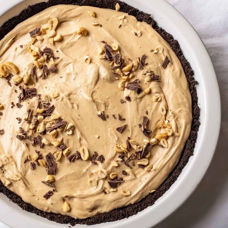 Generous slice of cold peanut butter pie, a sweet treat ready for serving after chilling.