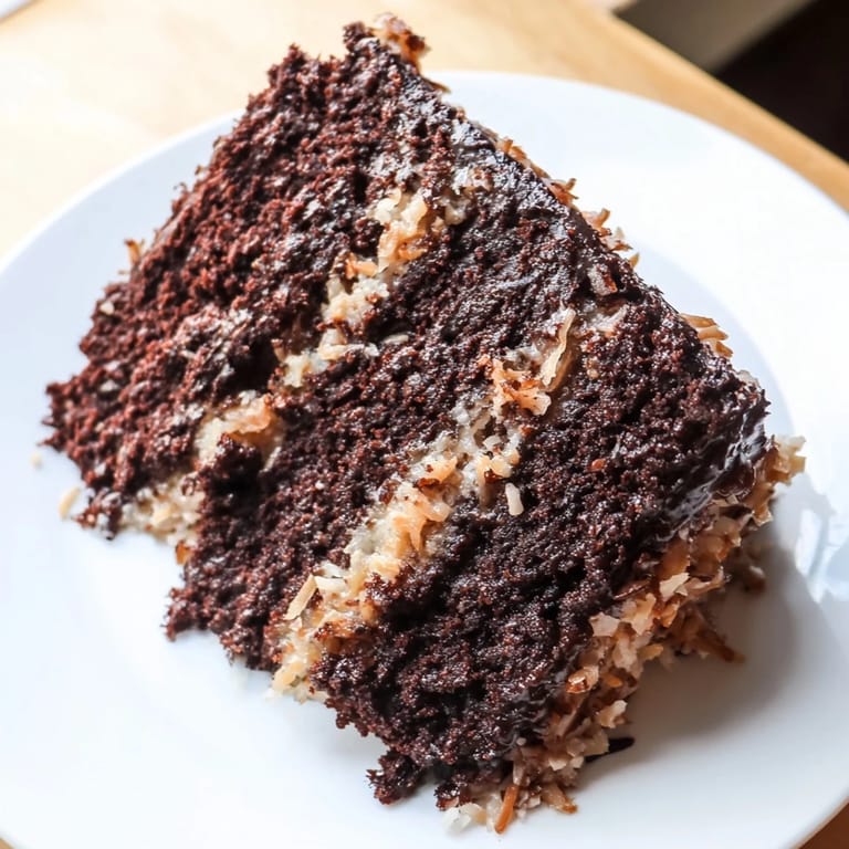 A frosted German Chocolate Cake with a rich, dark chocolate cake base and textured coconut pecan topping.
