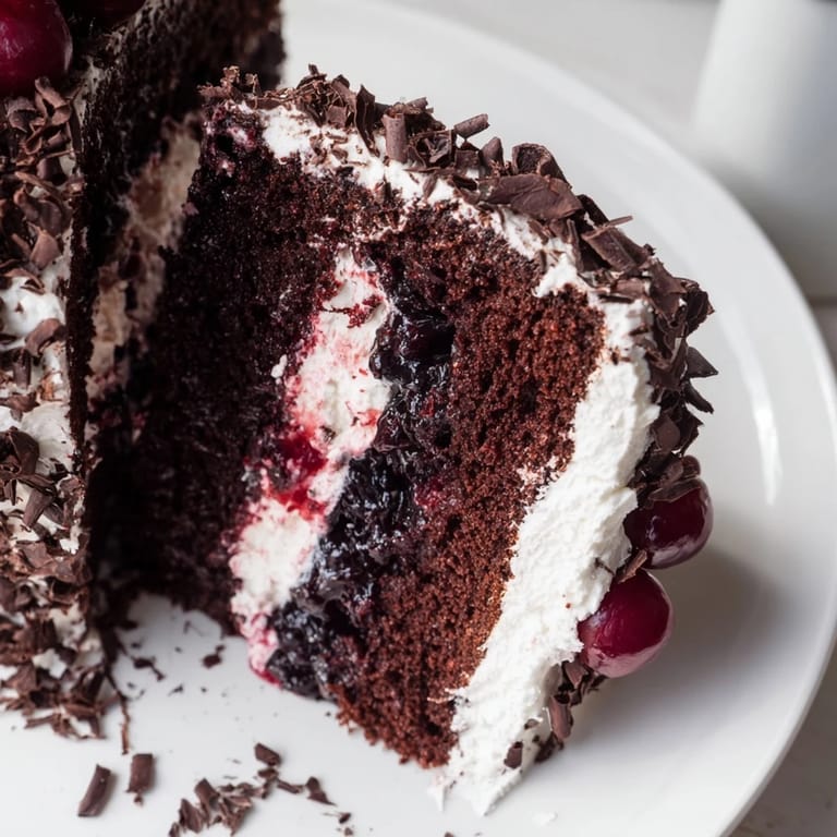 This photo depicts a rich Black Forest Cake with chocolate shavings and plump cherries on top.