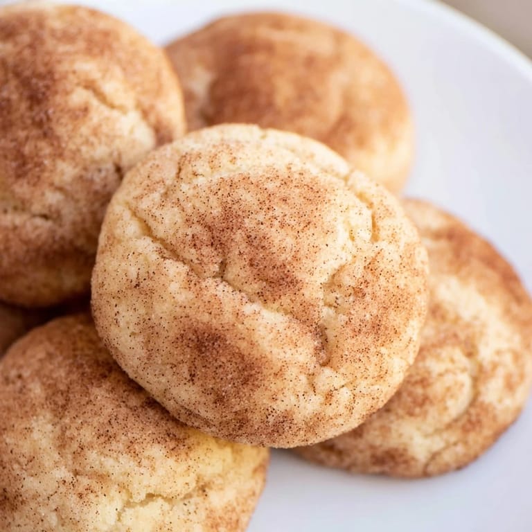 Stack of homemade Snickerdoodles, with textured cinnamon-sugar coating, a perfect dessert recipe.