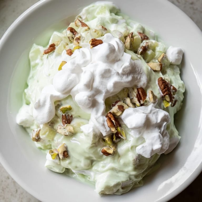Close-up of a refreshing Watergate Salad, with whipped topping, showing the fluffy marshmallows and pecans.
