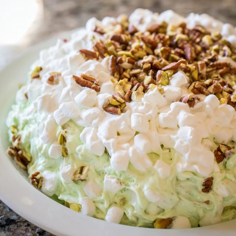 This brightly colored Watergate Salad displays creamy textures and includes pineapple pieces; a perfect potluck dessert.