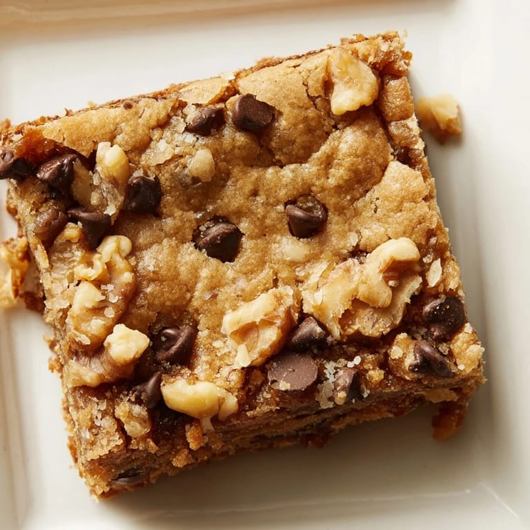 Freshly baked Blondies showcasing a buttery, chewy texture studded with melting chocolate and toasted nuts.