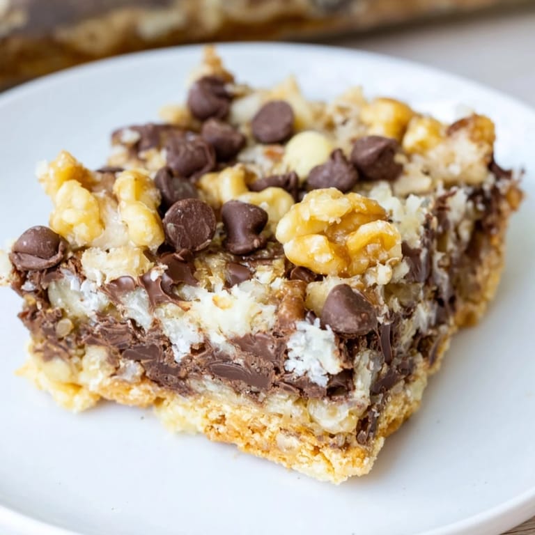 Close-up shot of decadent Hello Dolly Bars, showcasing the delicious blend of sweet, layered textures.