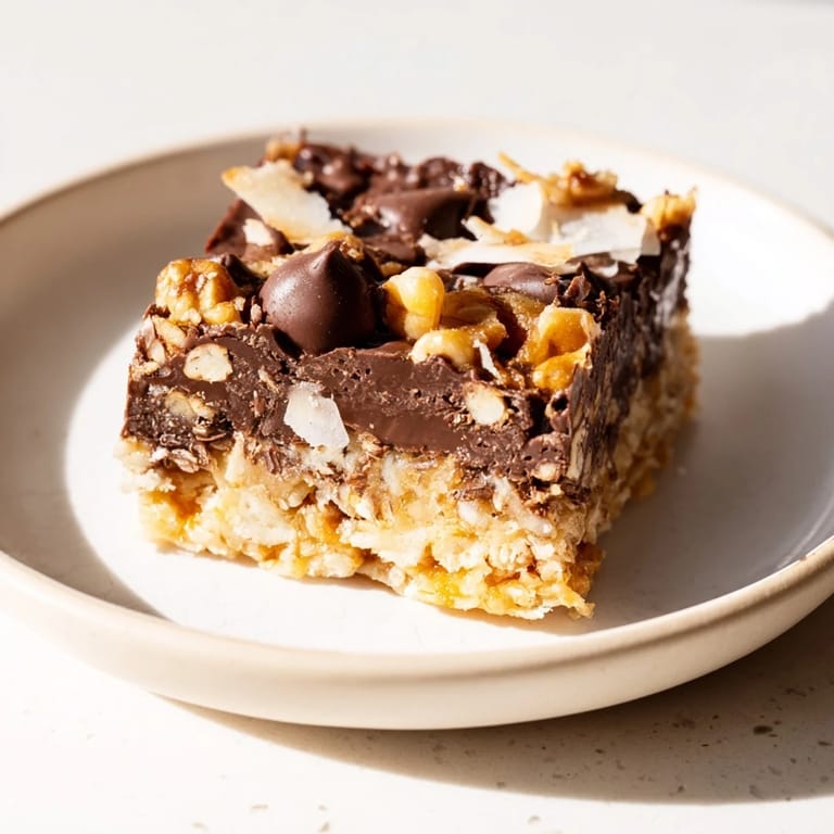Chewy Hello Dolly Bars with toasted coconut, nuts, and a gooey sweetened condensed milk topping.