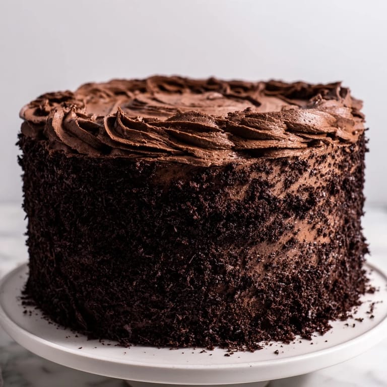 The perfectly layered Devil's Food Cake, a chocolate lover's dream, ready to serve and enjoy.