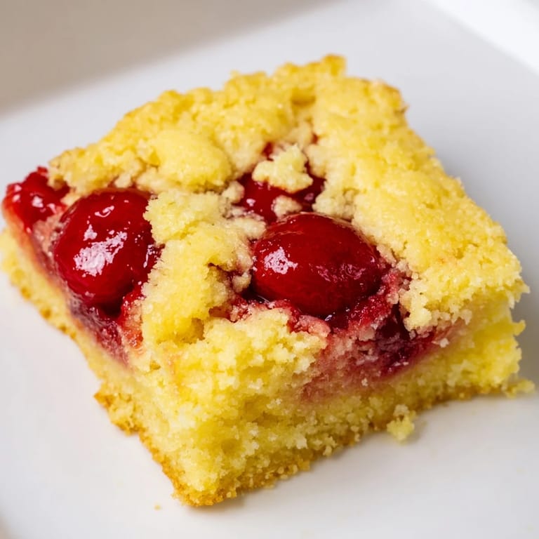 A close-up of a warm, fruit-filled dump cake, with a crunchy, golden cake topping, and a sweet aroma.