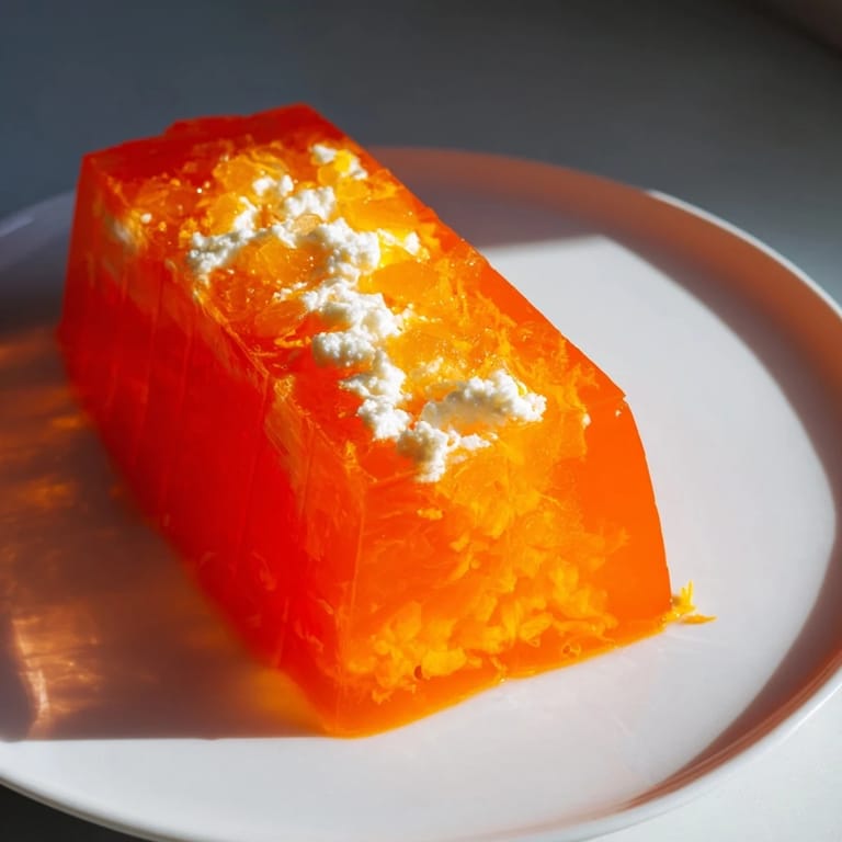 A colorful slice of classic Jell-O Salad, featuring bright oranges, pineapple, and creamy cottage cheese.