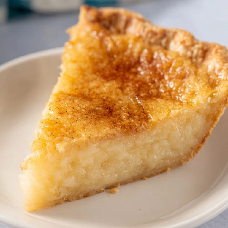 A slice of buttermilk pie, showing a creamy custard filling and inviting, warm aroma.