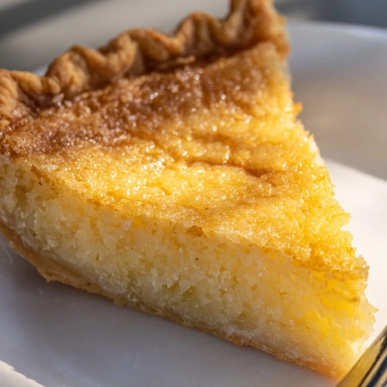 A slice of Southern Chess Pie, showcasing the creamy custard filling and a crisp surface.