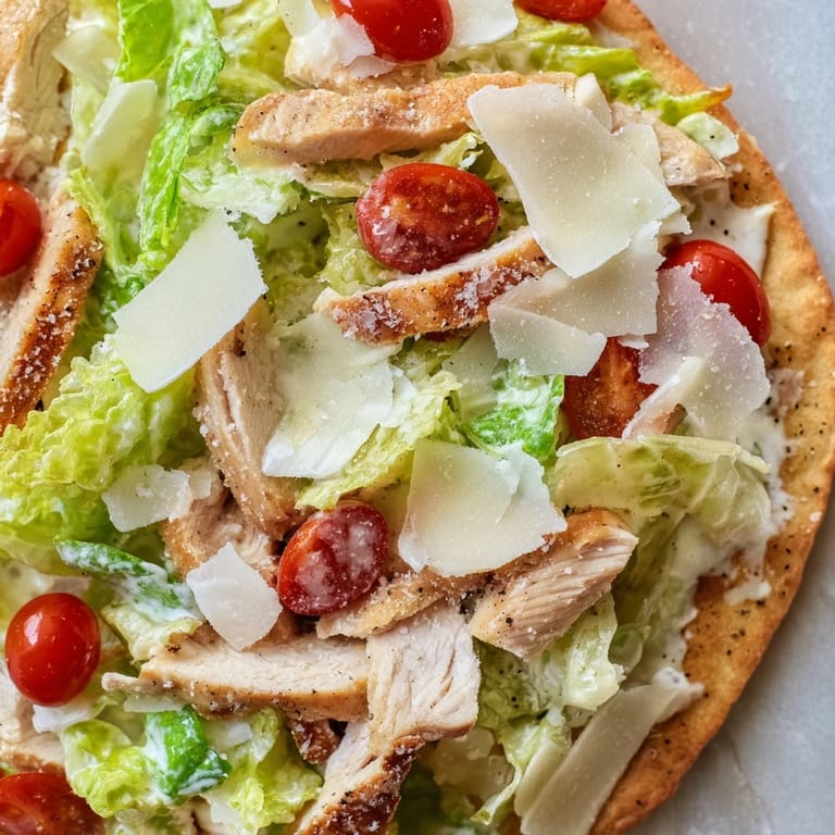 Savory Caesar Chicken Flatbread with fresh romaine, grated Parmesan, and optional cherry tomatoes, served hot from the oven.