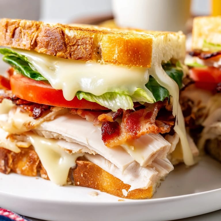 A sizzling skillet makes this Turkey Club Grilled Cheese with juicy tomato, crunchy lettuce, and melted cheese.