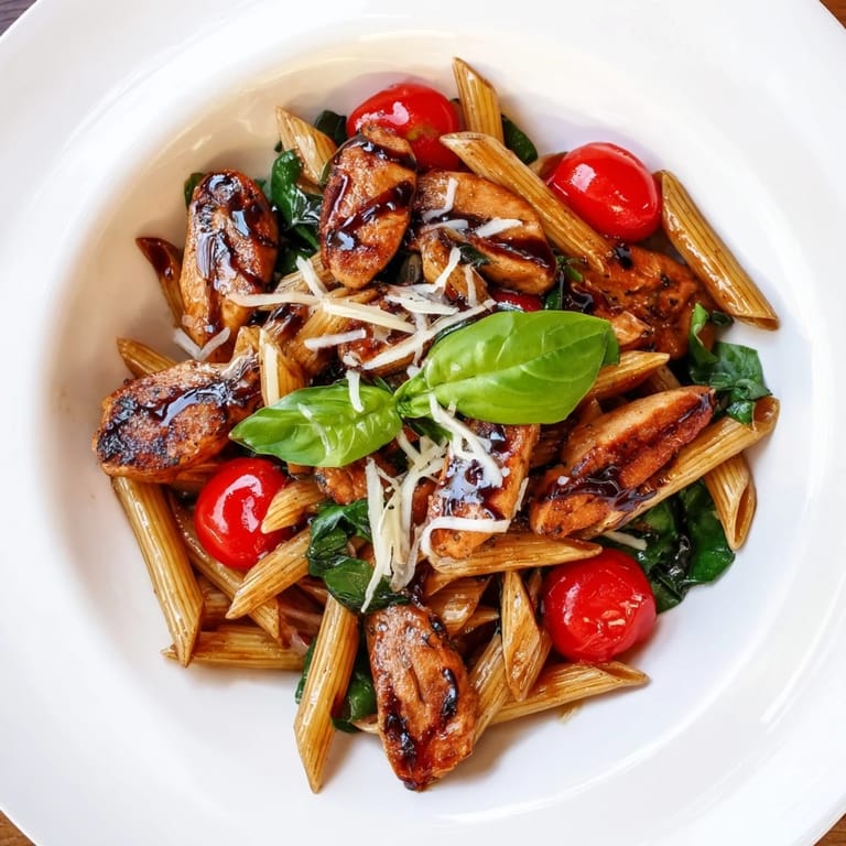 Quick weeknight dinner serving four, featuring savory glazed chicken, bright cherry tomatoes, and garlic pasta.
