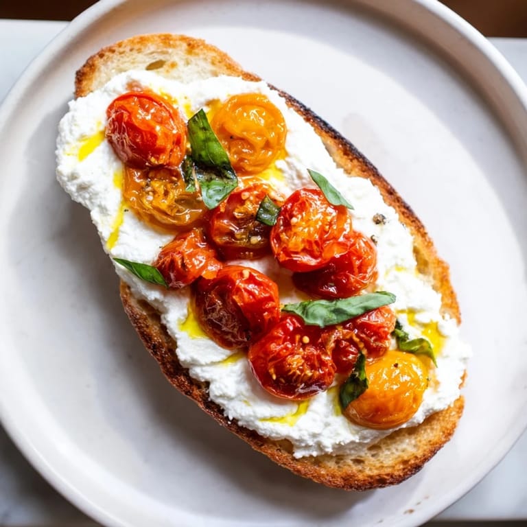 Toasted country bread slathered with smooth ricotta, loaded with sweet roasted tomatoes, fresh basil, and a hint of olive oil.
