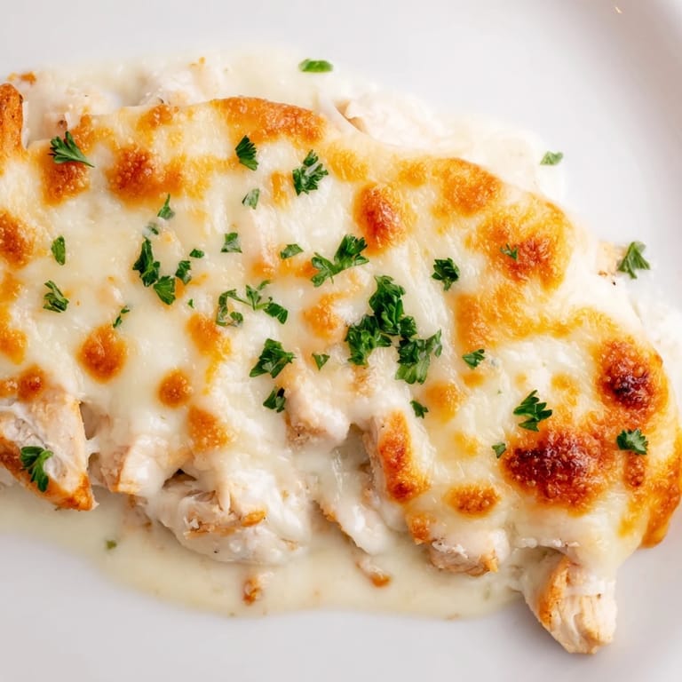 Freshly baked Chicken Alfredo Pizza with a sprinkle of parsley, served hot for a comforting family dinner.