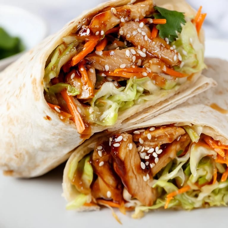 Freshly rolled teriyaki chicken wrap filled with crunchy vegetables and savory sauce, perfect for a flavorful meal on the go.