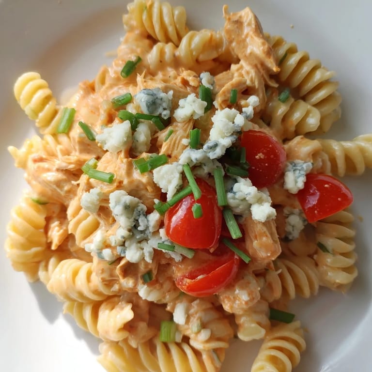 Chilled buffalo chicken pasta salad with al dente rotini, crunchy veggies, and blue cheese garnish on a picnic table.