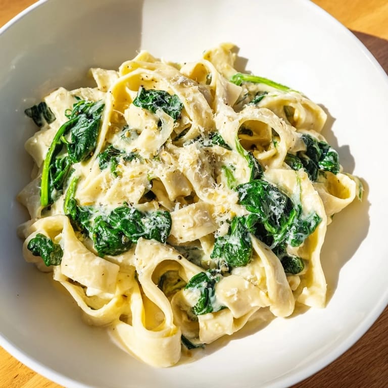 A close-up of creamy spinach garlic noodles, garnished with parmesan and red pepper flakes for a hint of heat.