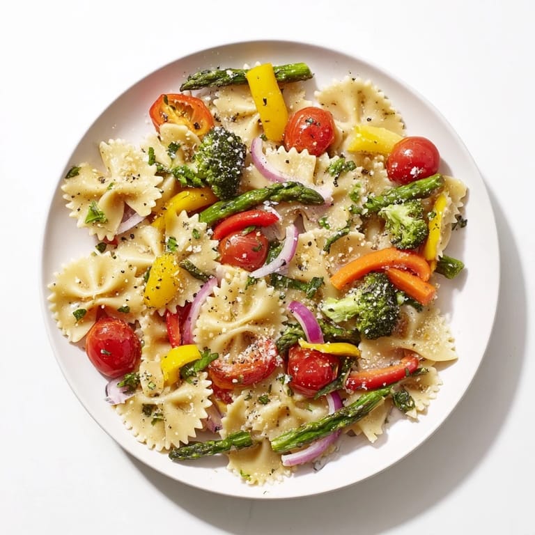 Overhead view of a large platter of Rainbow Veggie Pasta Primavera, highlighting the rainbow of red peppers, green broccoli, yellow squash, and ripe cherry tomatoes.