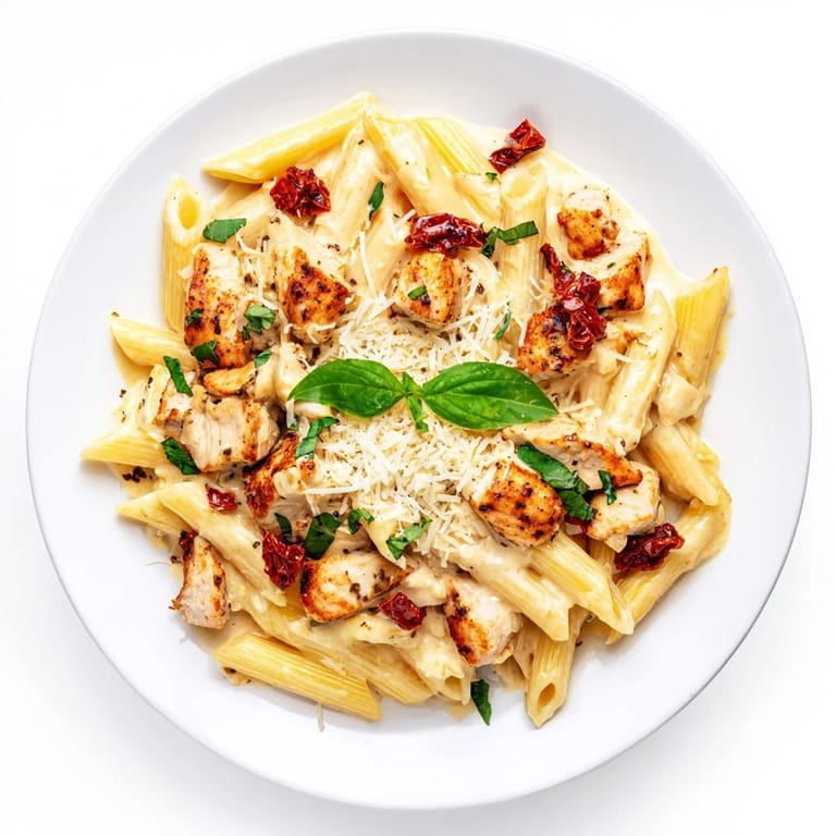 Juicy chicken and sun-dried tomatoes mingle in a velvety sauce clinging to al dente penne in this Italian-American main dish.