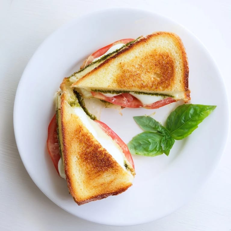 A close-up of a golden-brown grilled cheese with vibrant red tomatoes, white mozzarella, and green pesto, served on a rustic wooden board.