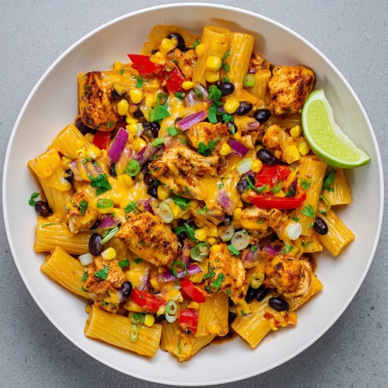 A weeknight Tex-Mex meal, Crispy Chicken Burrito Pasta featuring golden chicken and melted cheddar and Monterey Jack.