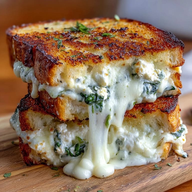 Savory Feta & Spinach Stuffed Grilled Cheese, perfectly grilled with a warm, garlicky filling.