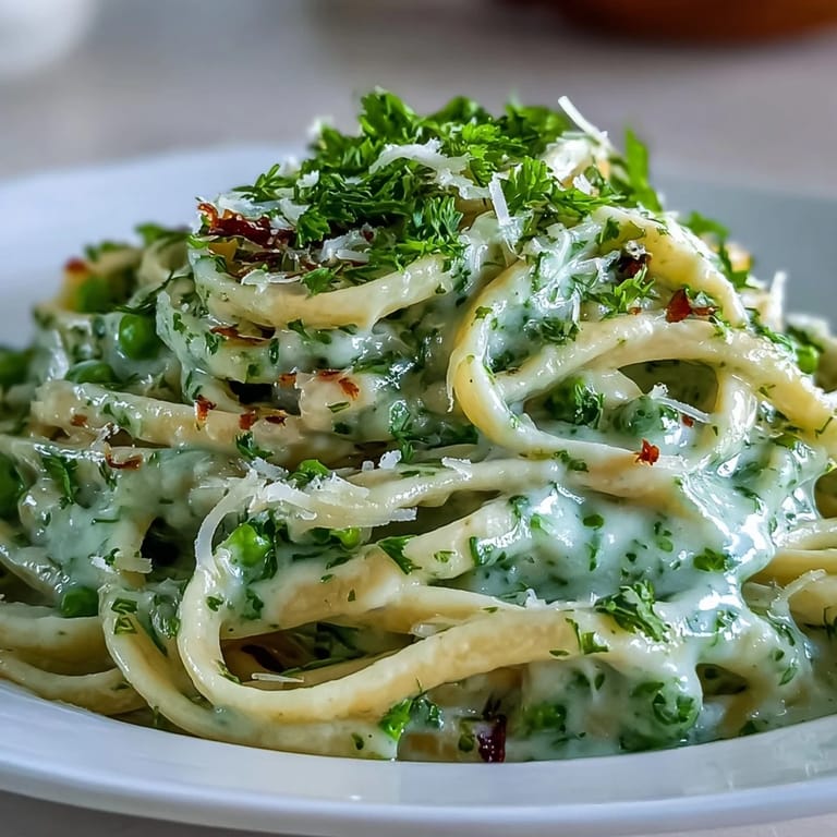 Delectable Creamy Green Pea Alfredo dish, perfectly coating tender fettuccine noodles.