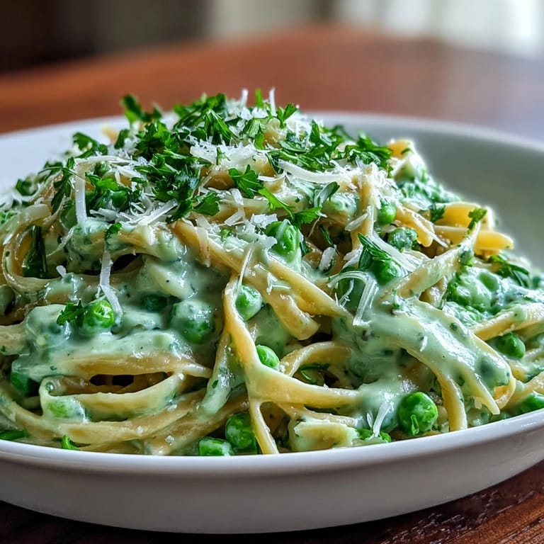 A comforting bowl of homemade Creamy Green Pea Alfredo, rich and flavorful.