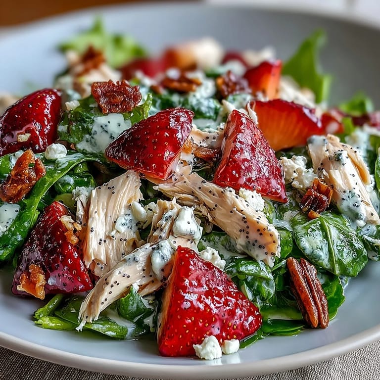 Savory shredded chicken salad, adorned with bright strawberries and crunchy almonds, ready to serve.